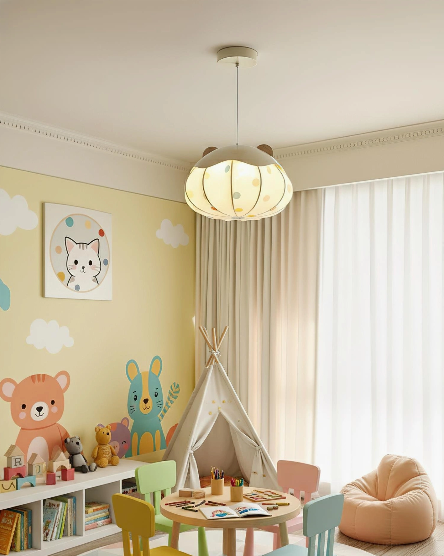 Bear Bubble hanging lamp in cheerful playroom with teepee and animal wall art, bright warm ambient light
