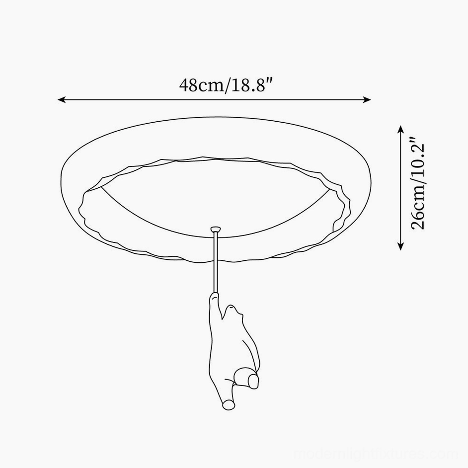 Technical schematic of bear ceiling light fixture featuring irregular edge rim design and dimensional specifications
