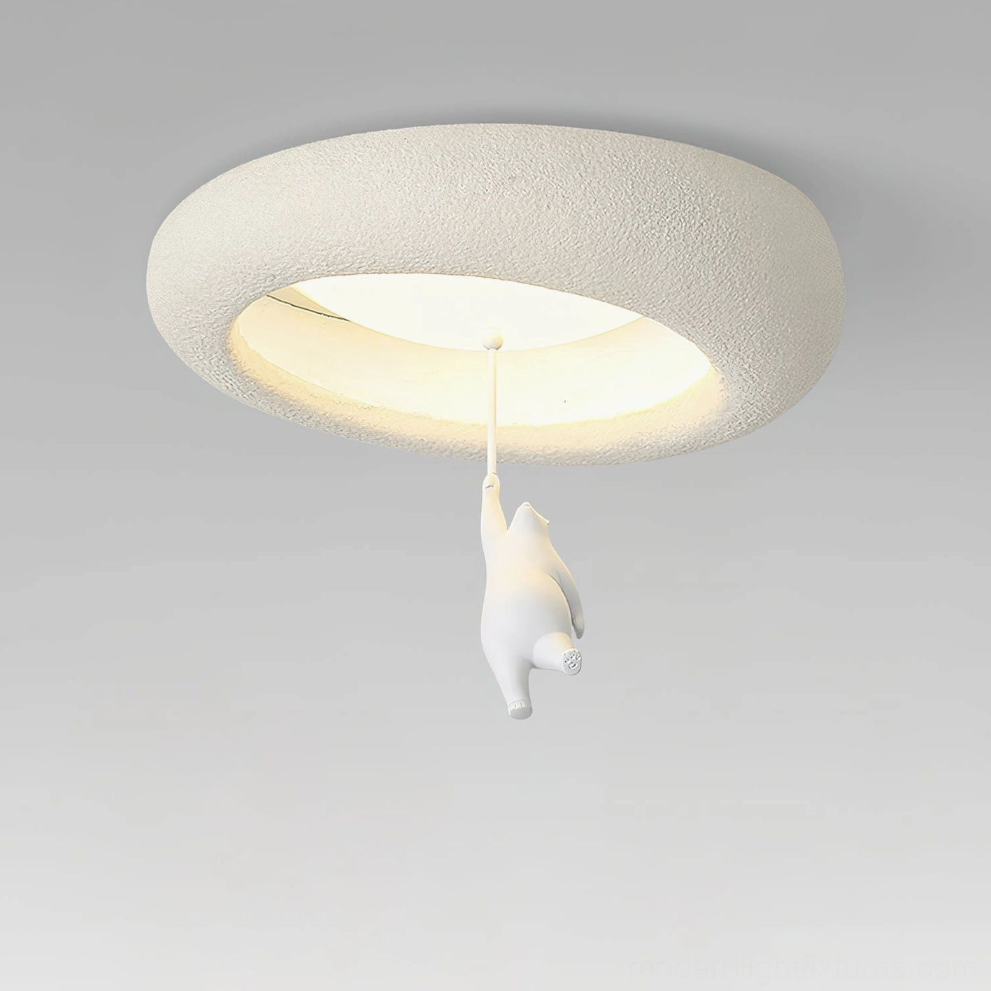 Modern bear ceiling lamp with close-up detail of textured frosted finish and warm 3000K LED glow against grey background