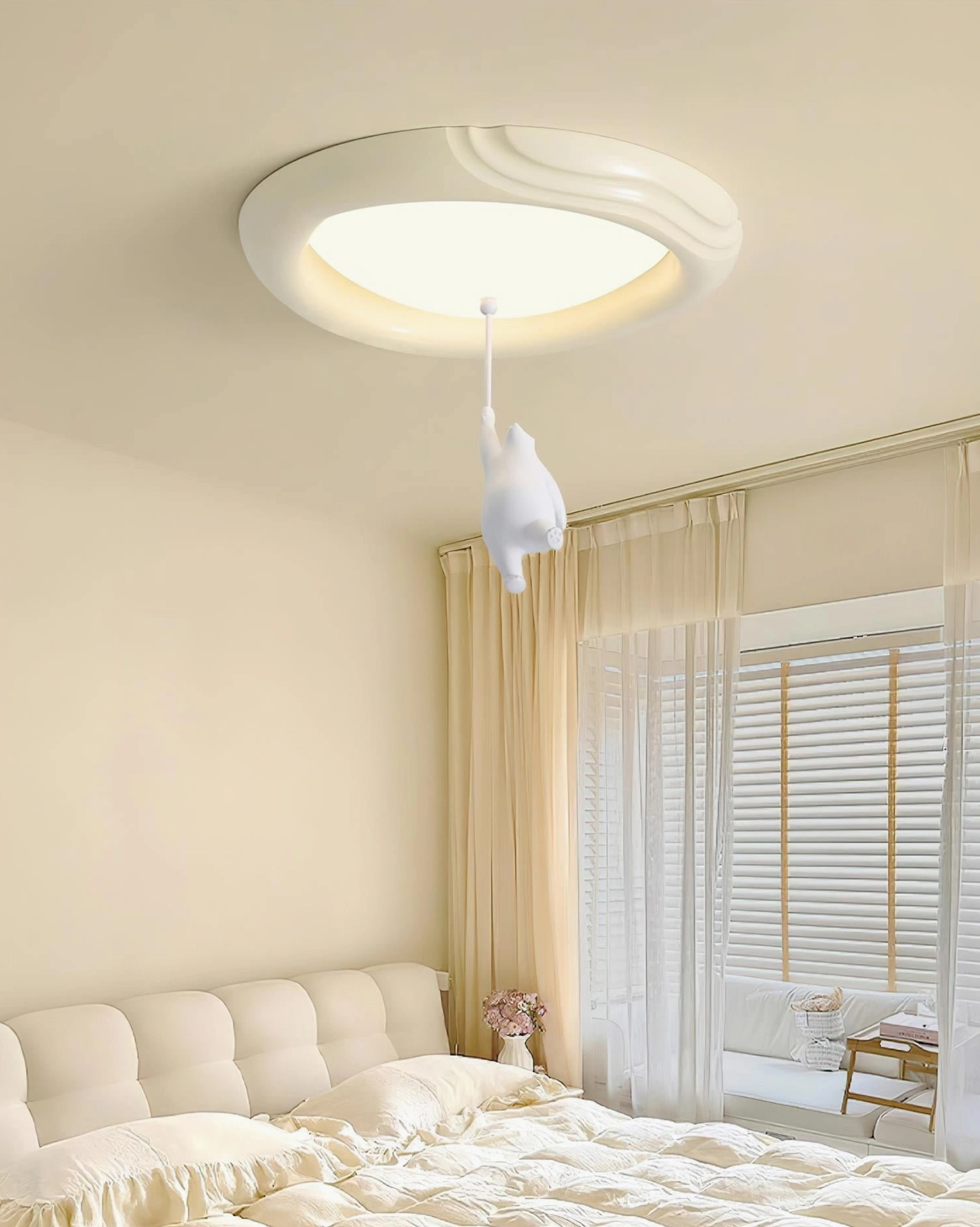 Warm-toned bedroom with bear ceiling light flush-mounted fixture and hanging bear pendant decoration element