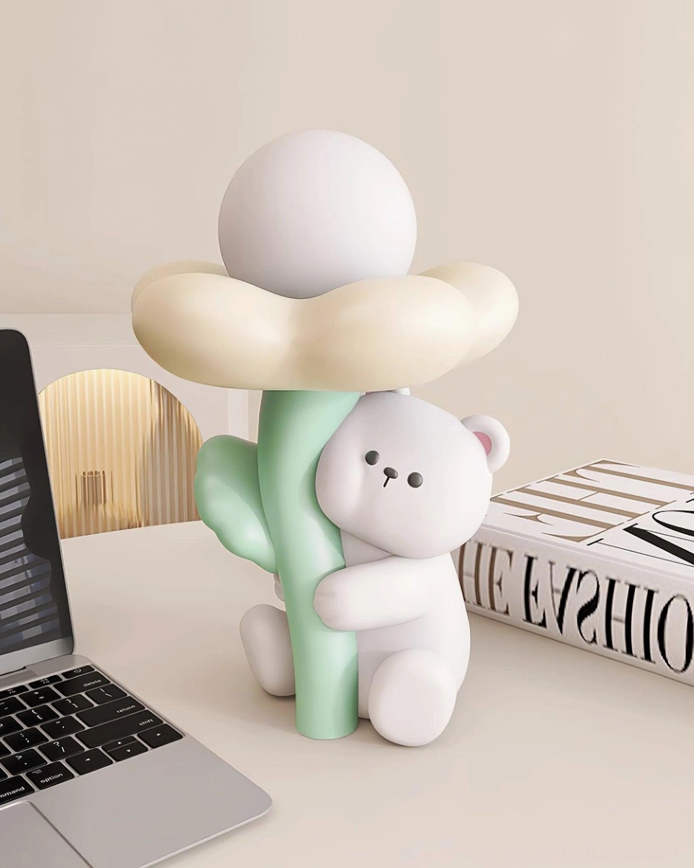 Adorable bear table lamp integrated LED design, front angle view highlighting cute resin bear sculpture shape