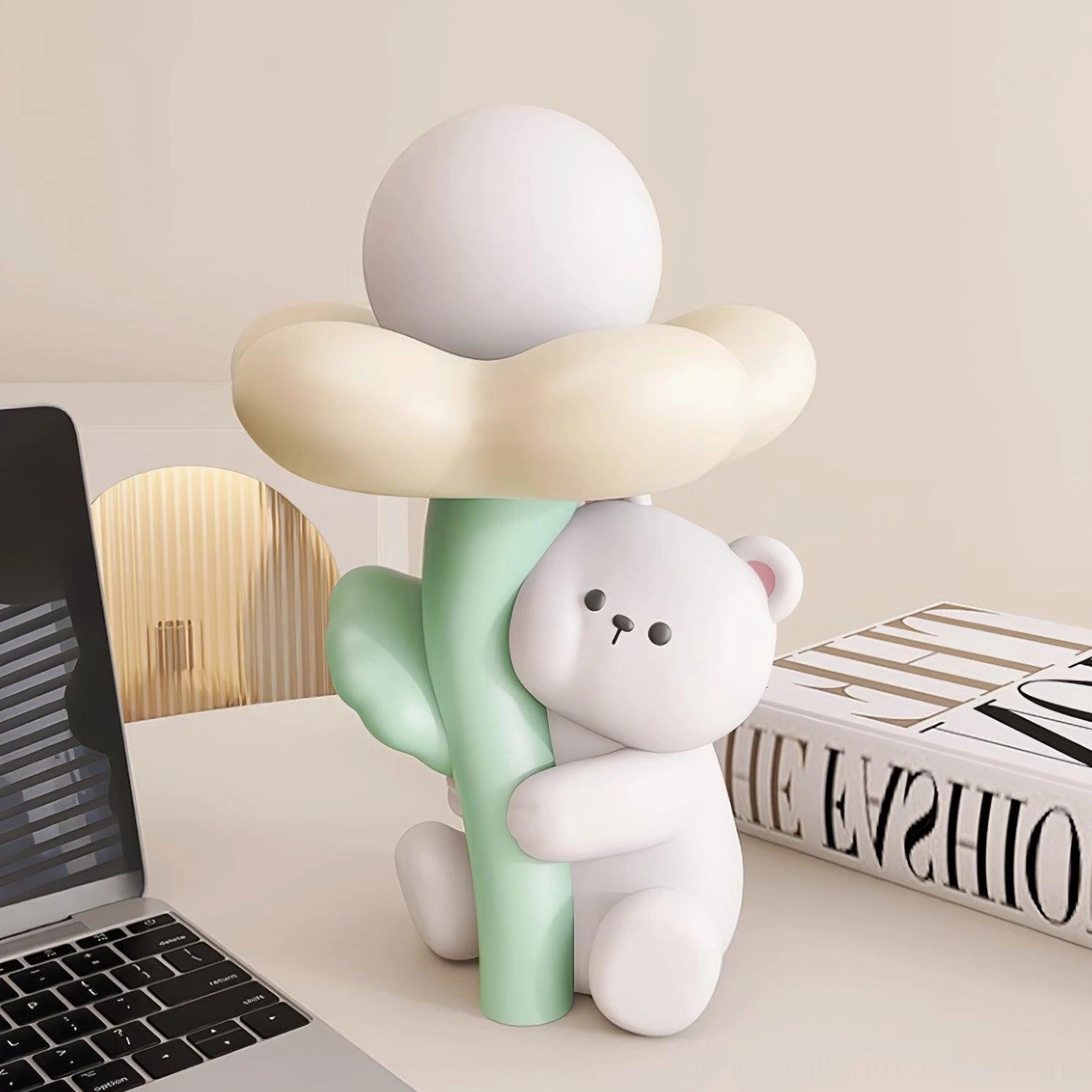 Right side close-up of cute bear lamp showing pastel matte color finish and sculptural details, unlit state