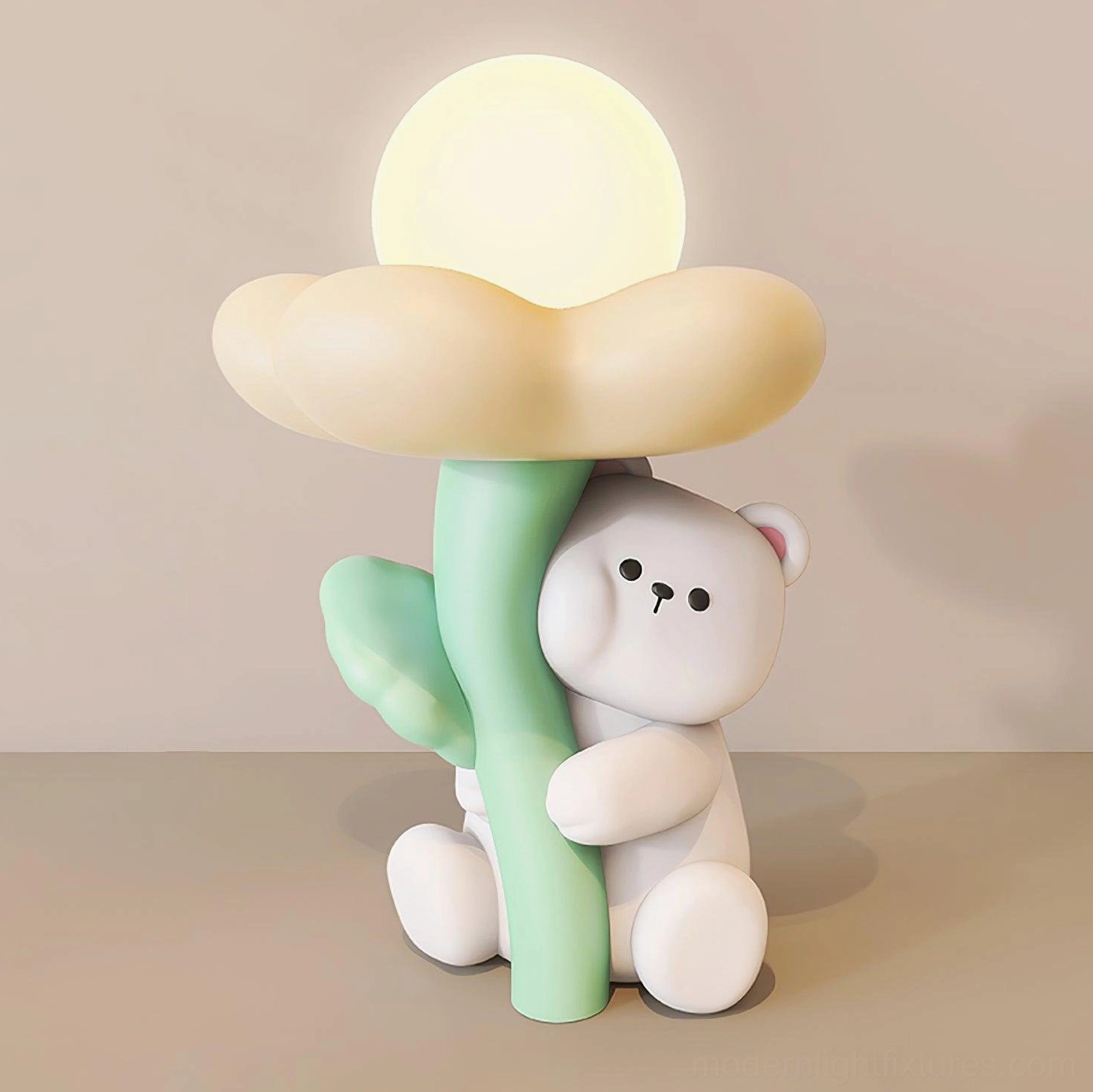 Right side view of cute bear resin lamp with soft warm glow casting shadow on minimalist desk background