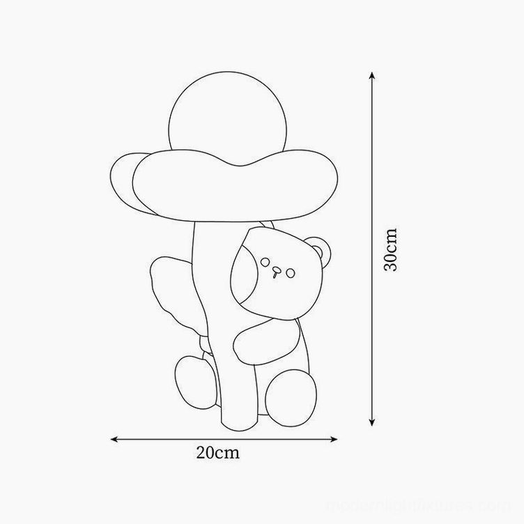 Technical line drawing of bear flower lamp design showing dimensions 20cm wide by 30cm tall on white background