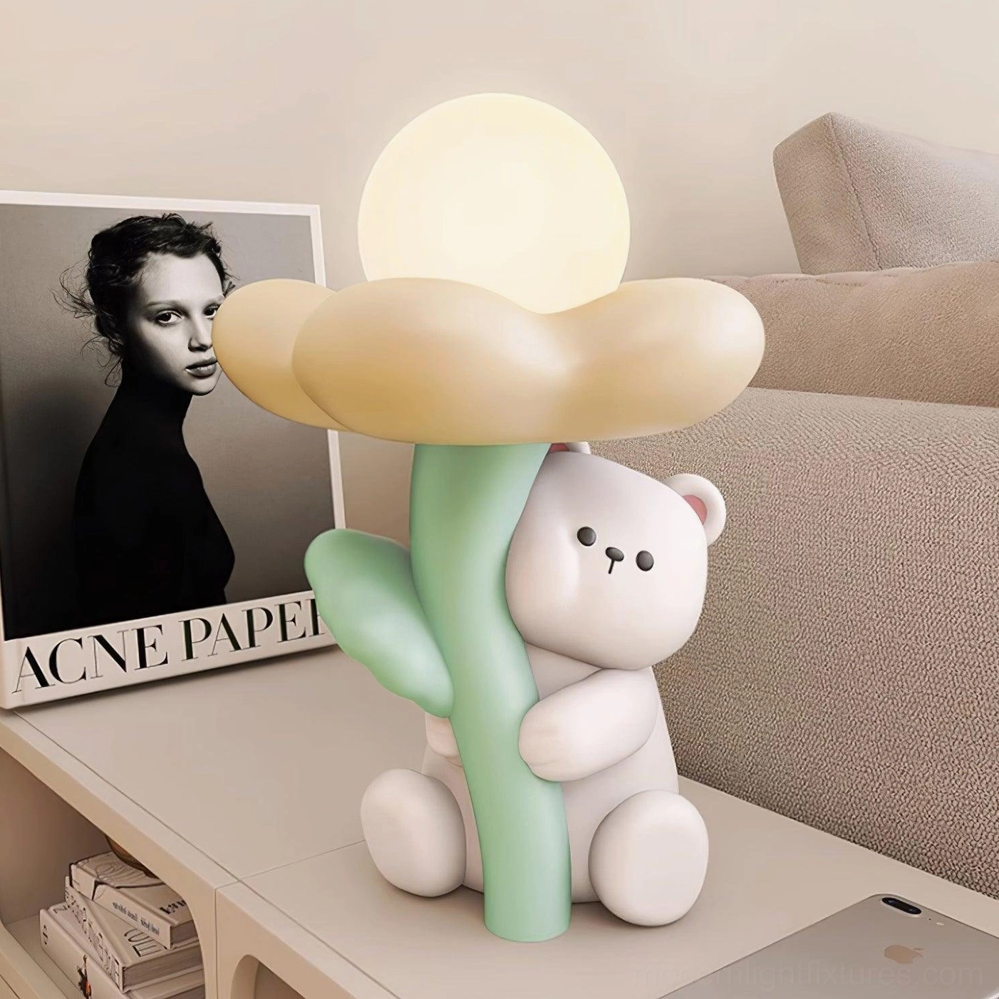 Bear resin table lamp with USB power design, bottom view showing built-in USB port base connection
