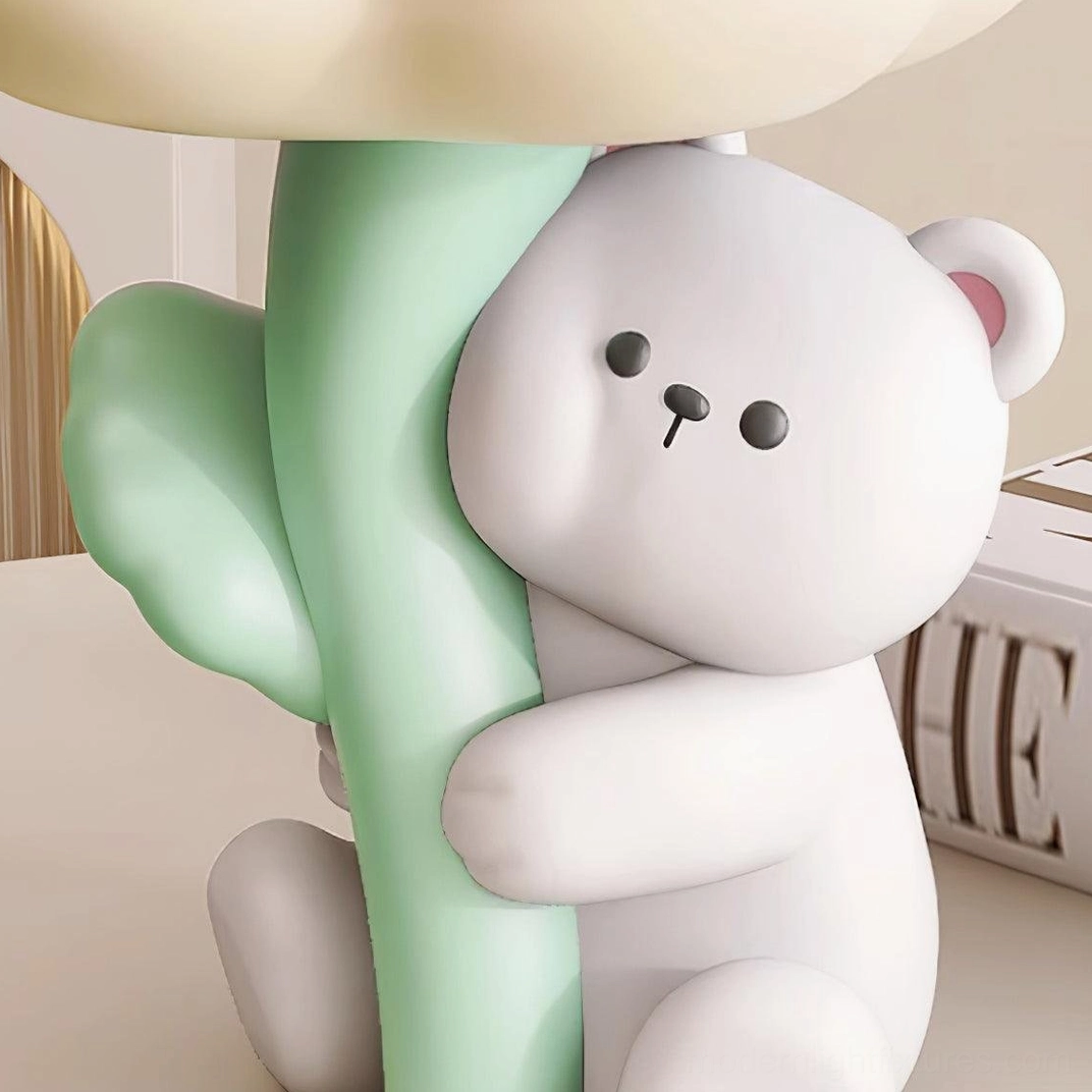 Bear table lamp warm glow illumination effect, creating soothing ambient light in bedroom or living space