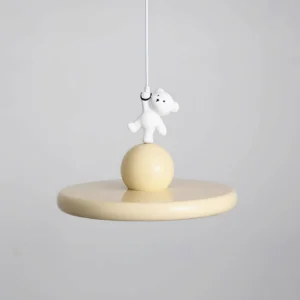 Contemporary bear hanging lamp side angle, sculptural pendant light with matte resin finish and playful bear design