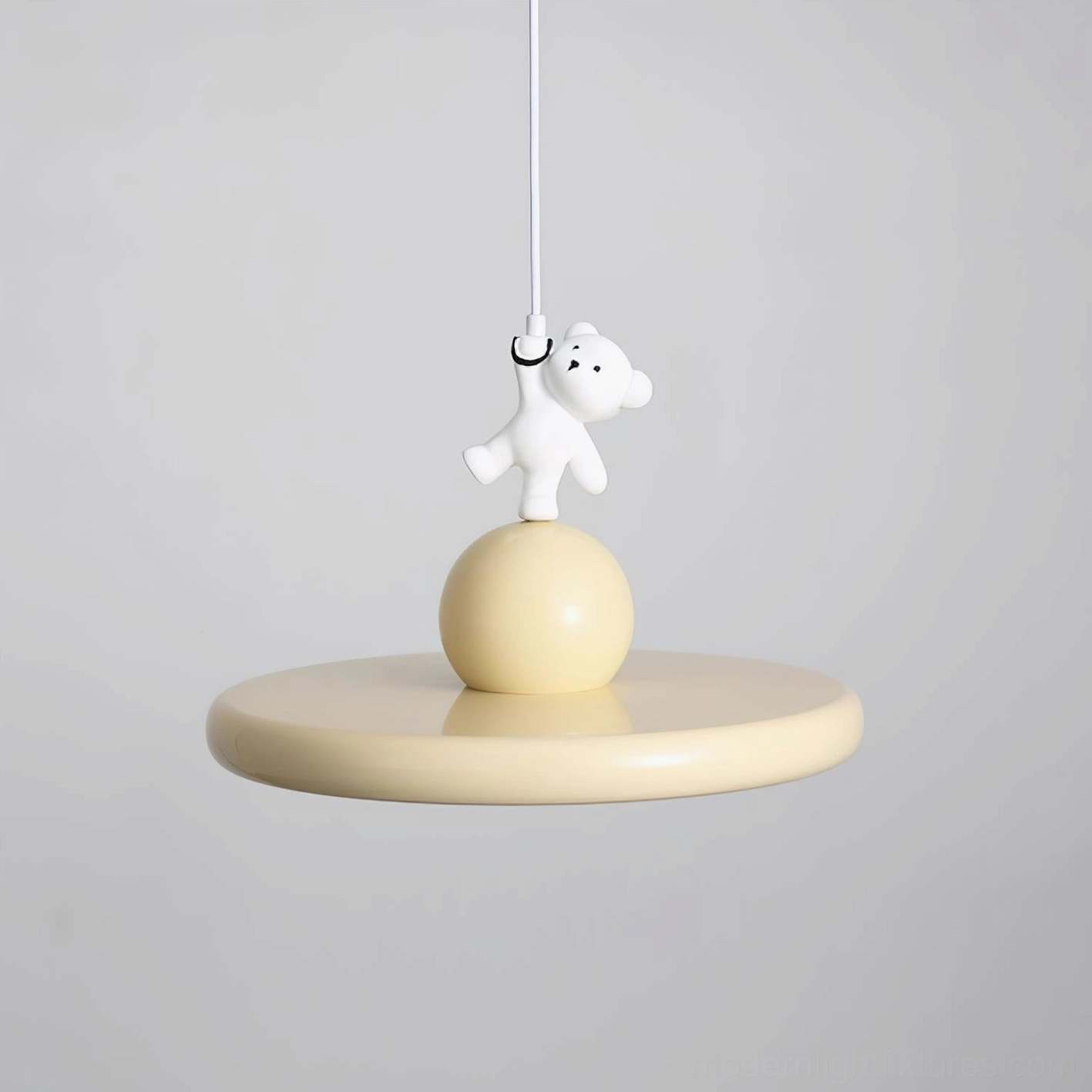 Contemporary bear hanging lamp side angle, sculptural pendant light with matte resin finish and playful bear design