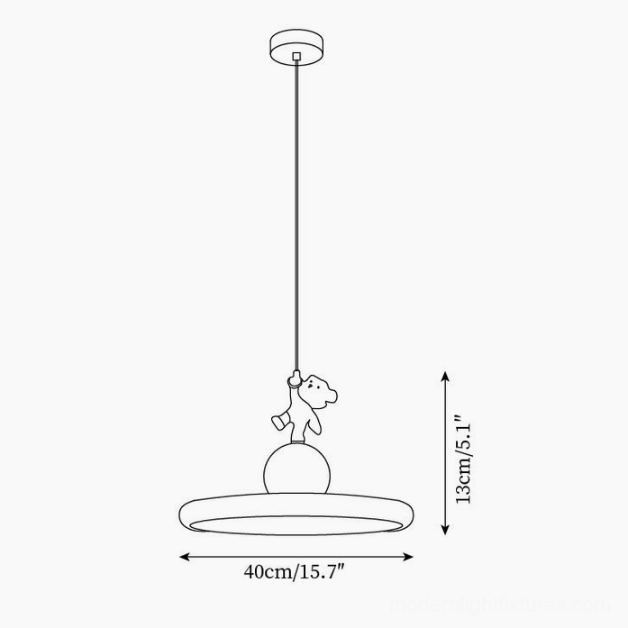 Technical drawing of bear pendant light dimensions, modern hanging lamp schematic showing 40cm diameter 13cm height
