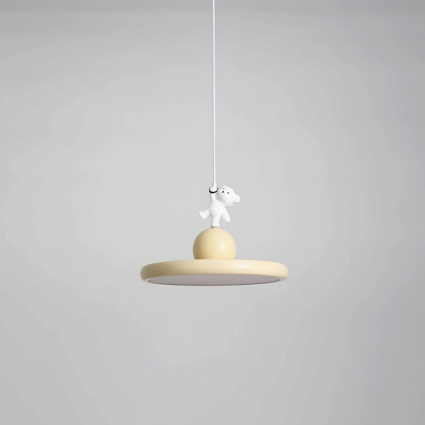 Contemporary bear pendant lamp detail shot, sculptural resin hanging light with refined matte finish and artistic bear motif