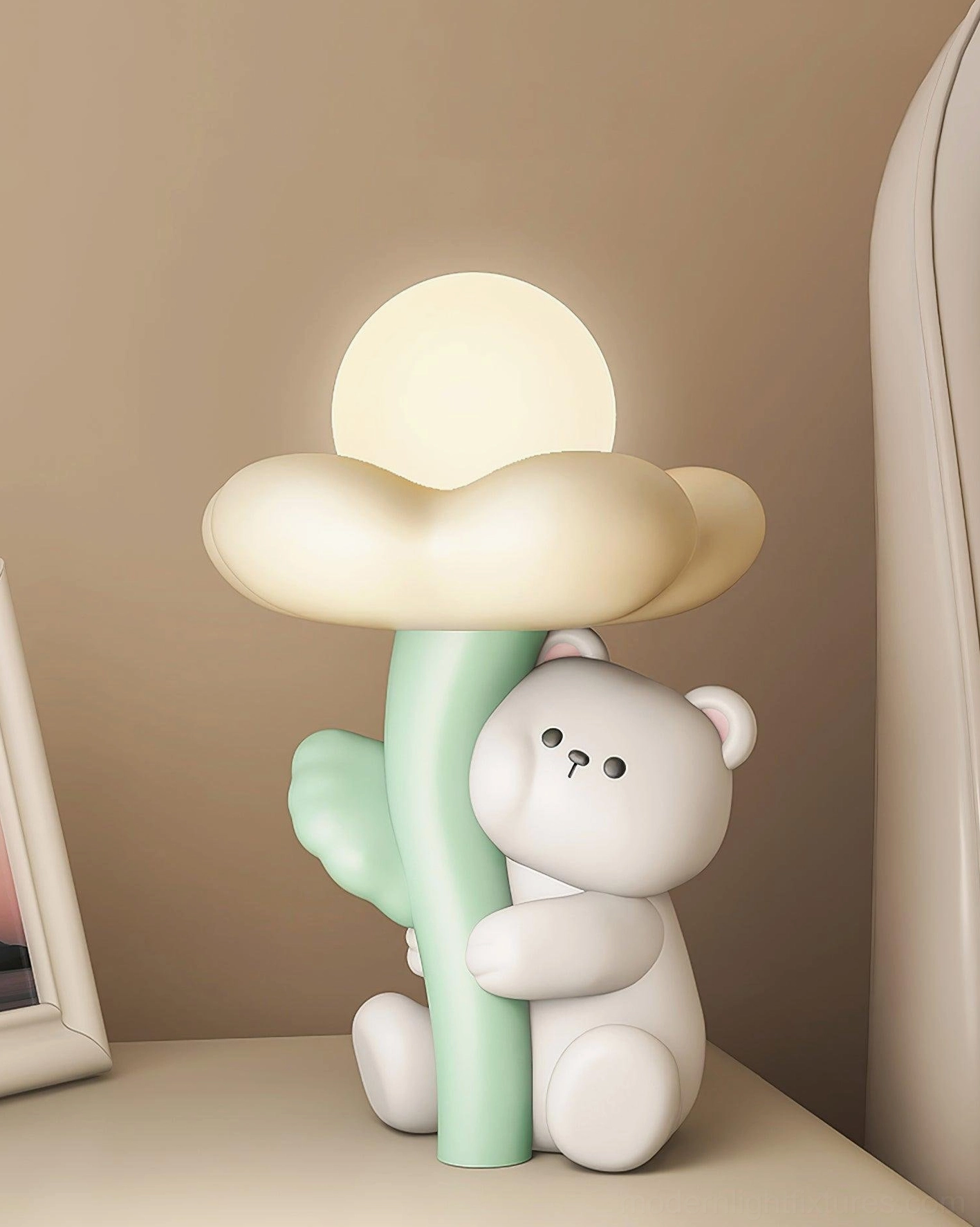 Left three-quarter perspective of adorable bear table lamp on home desk with photo frame and decorative elements