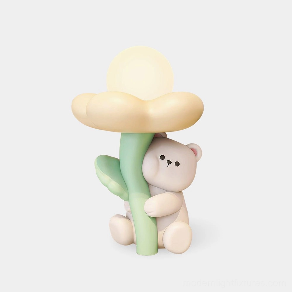 Cute bear resin table lamp with integrated LED, front view on white background, pastel yellow or white matte finish