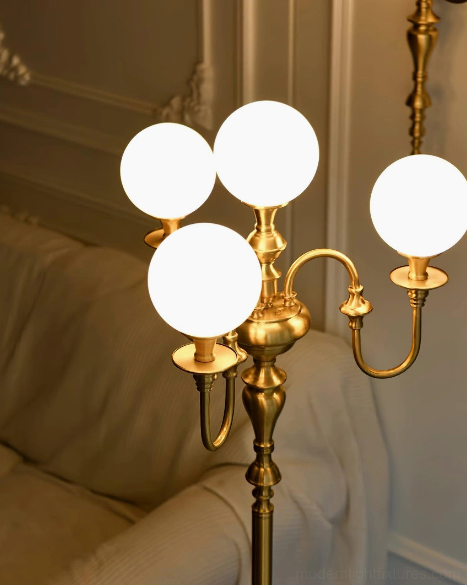 Beatty brass candelabra floor lamp complete product overview showing five curved arms with opal white glass shades and vintage neoclassical design