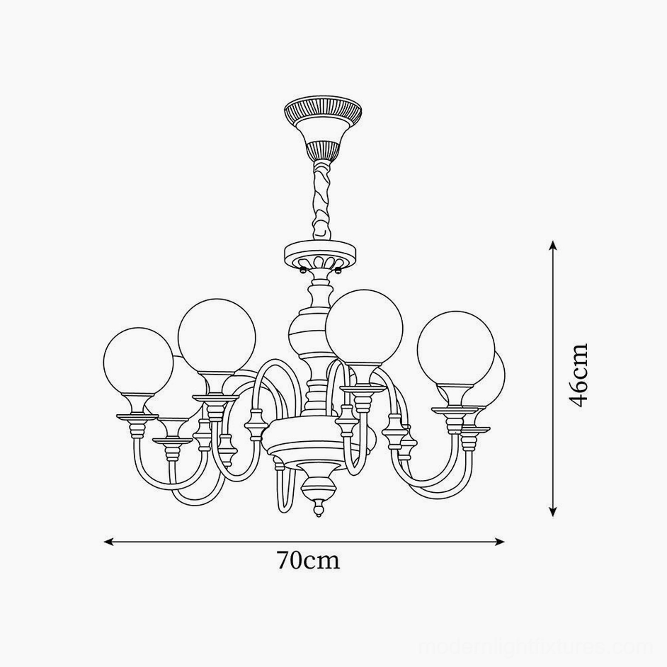 Beatty brass chandelier technical schematic drawing, 70cm diameter 46cm height multi-head design specification