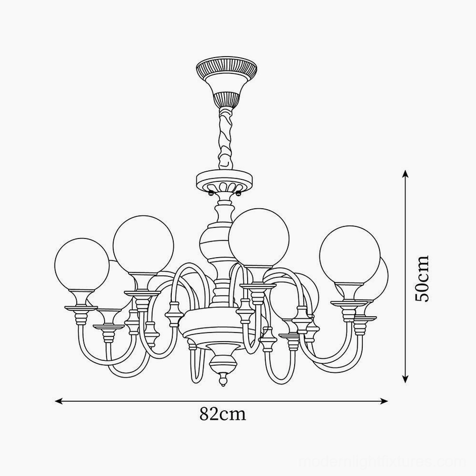 Beatty brass chandelier technical schematic drawing, 82cm diameter 50cm height multi-head design specification