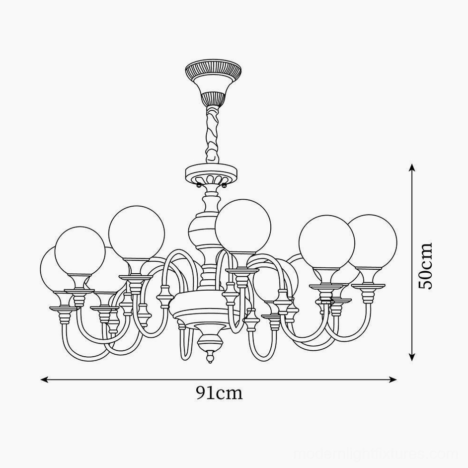 Beatty brass chandelier technical schematic drawing, 91cm diameter 50cm height multi-head design specification