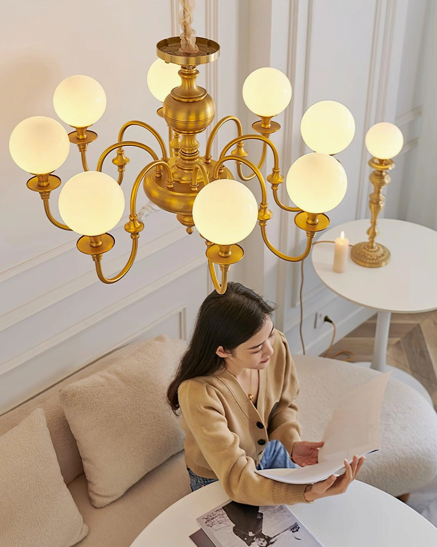 Beatty brass chandelier ceiling installation detail showing adjustable hanging chain and G9 socket configuration