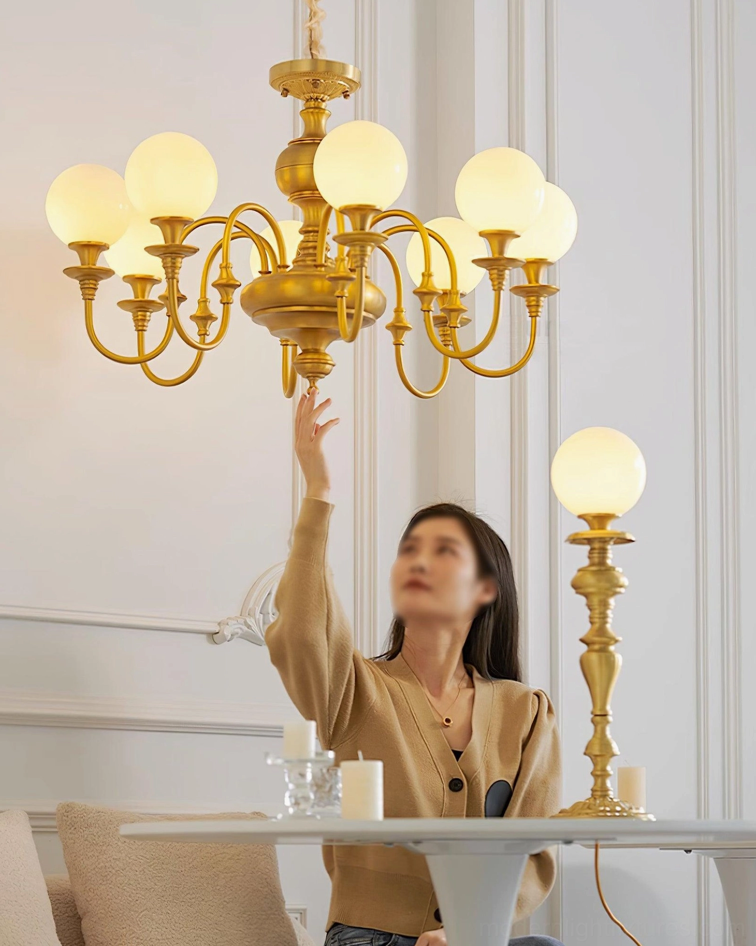 Beatty brass chandelier multi-head globe pendant light fixture showing complete frame and glass shade assembly