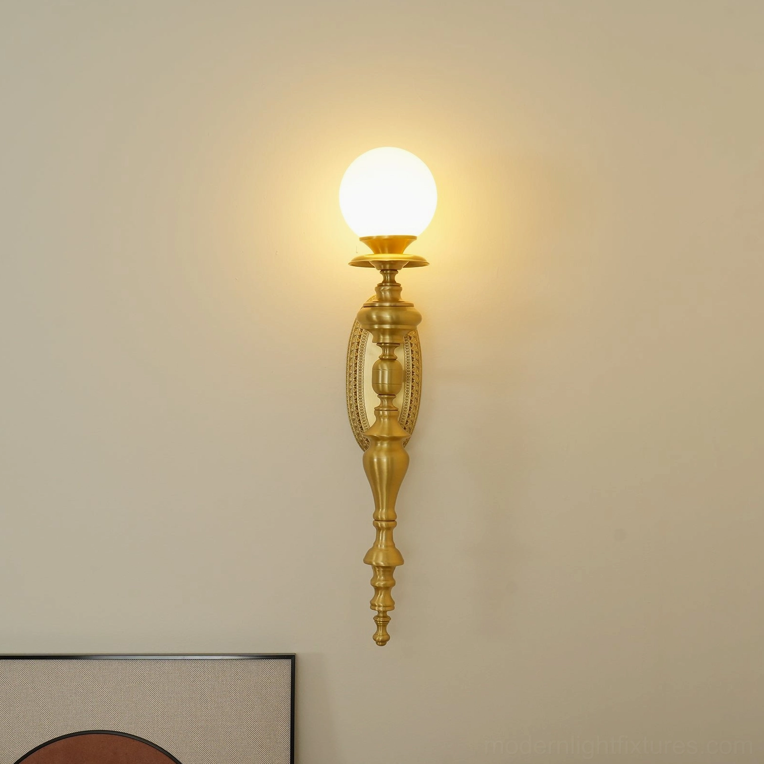Beatty brass wall sconce damp-rated for bathroom and covered outdoor installation locations
