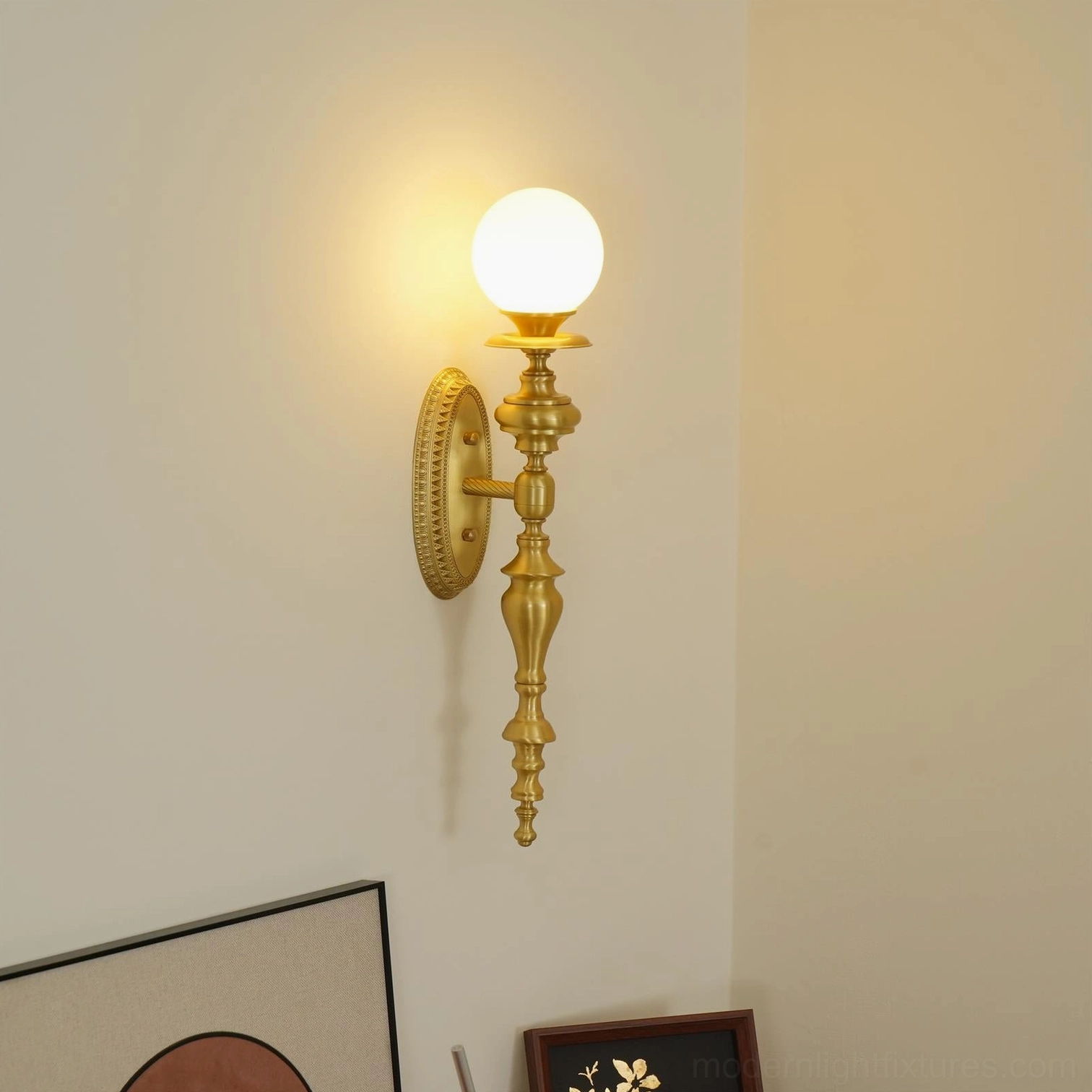 Wall sconce brass construction detail showing G9 socket compatibility and LED efficiency features