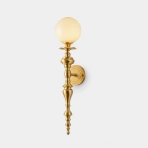 Beatty brass wall sconce full frontal view with polished gold finish and frosted glass globe shade