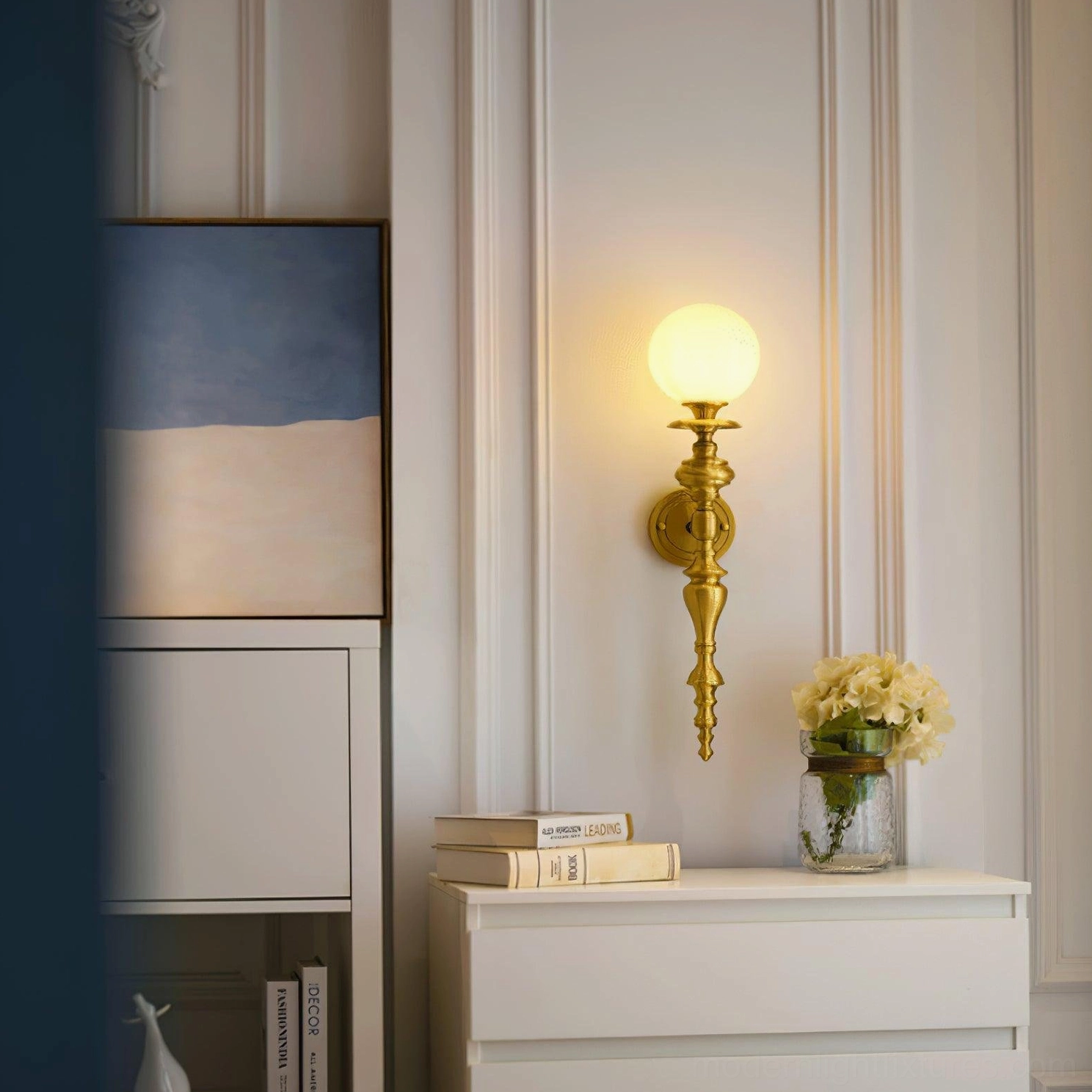 Beatty wall sconce artistic perspective showing light distribution from frosted glass globe
