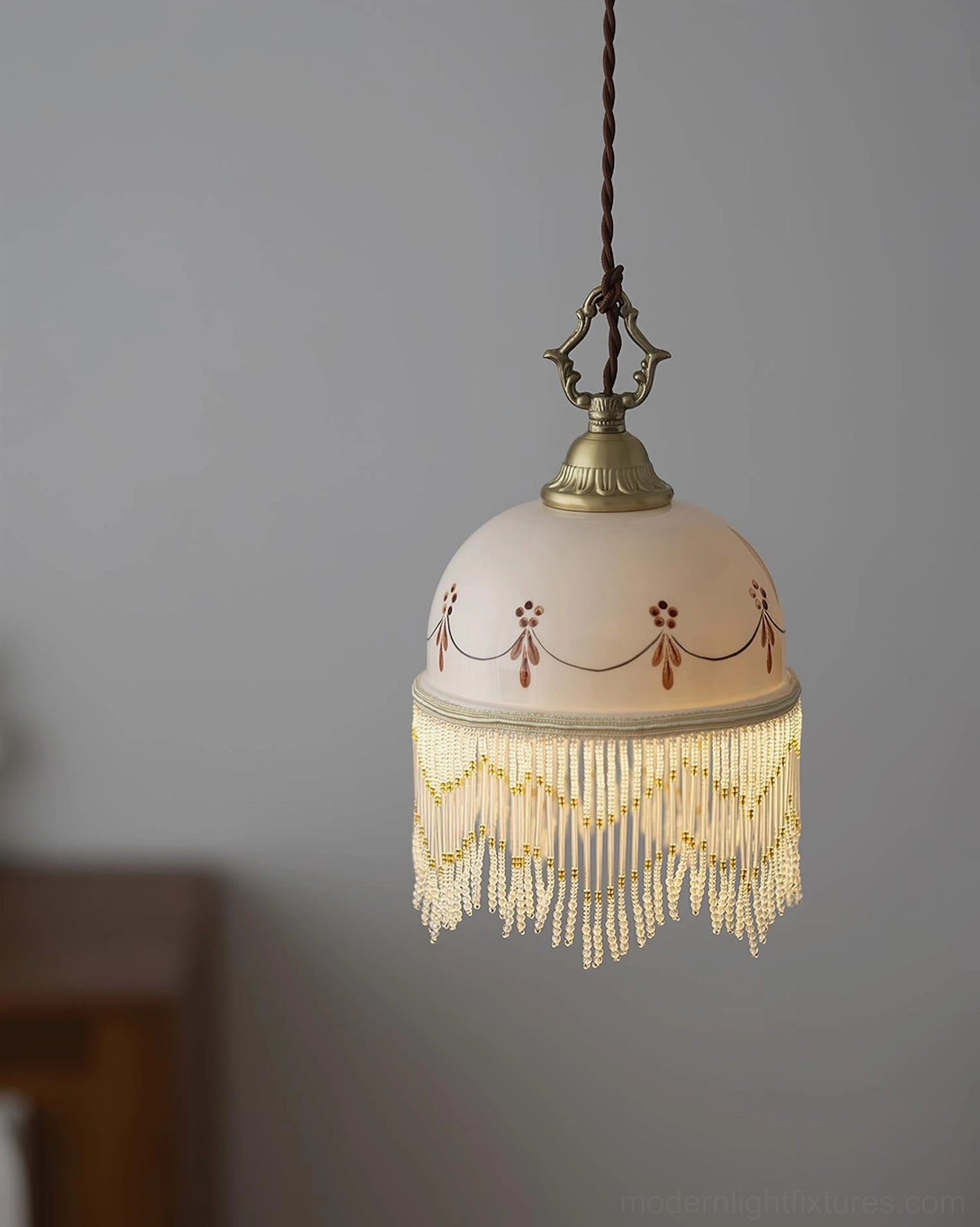Belle Époque inspired Beaudine pendant light with beaded tassel fringe creating artistic light effects