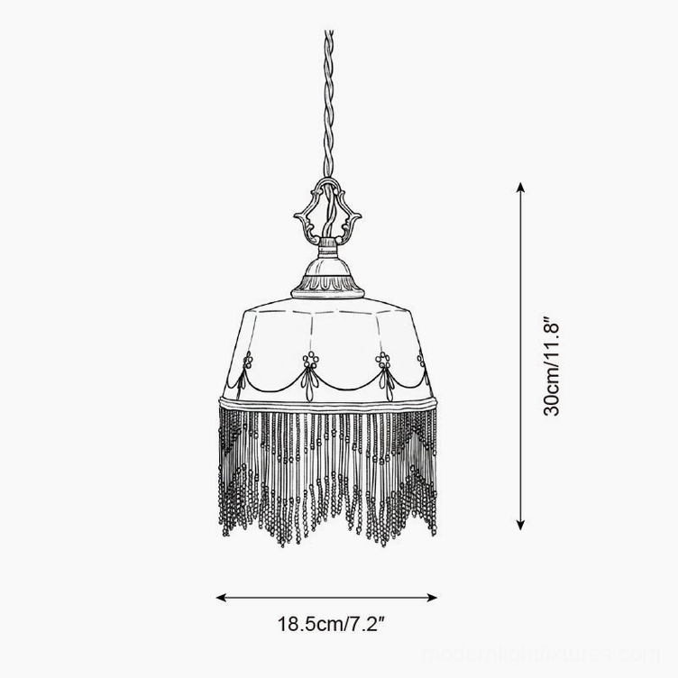 Beaudine ceramic pendant light design sketch with bow swag decoration and full beaded tassel, 30cm height
