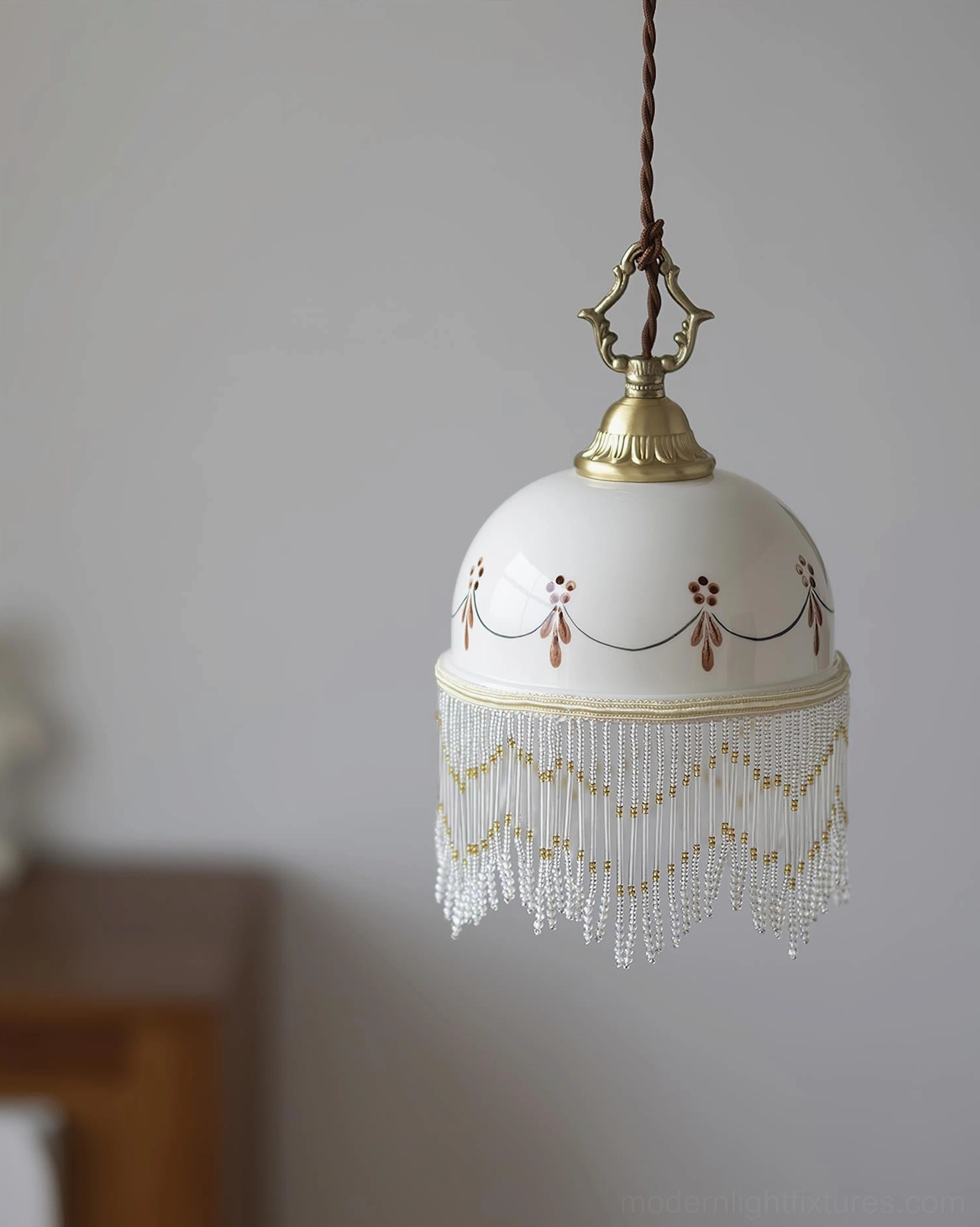 Hand-painted Beaudine ceramic pendant light fixture suitable for vintage, eclectic, and transitional interior design