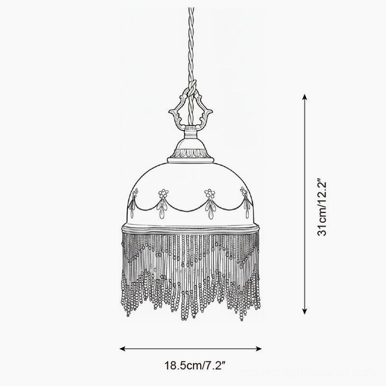 Beaudine pendant light design sketch showing dome ceramic shade with decorative swag and beaded tassel dimensions