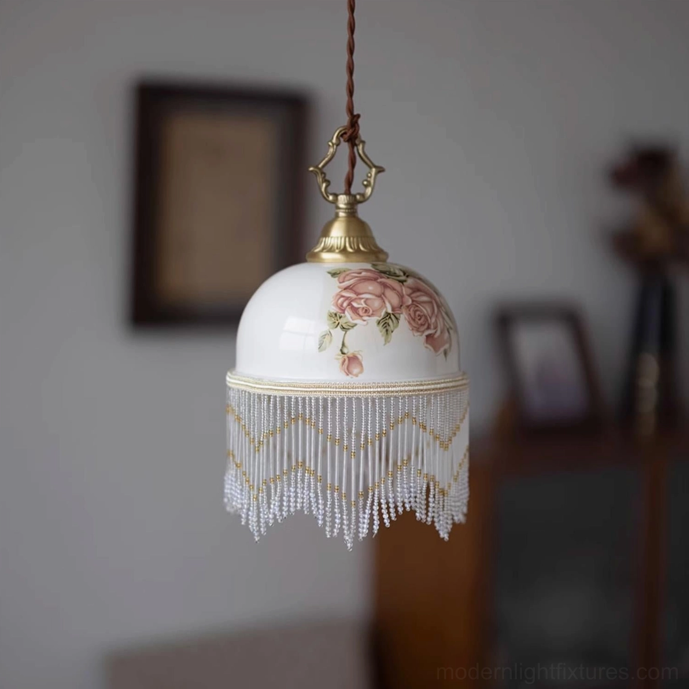 Beaudine vintage pendant light with pink rose hand-painted design and brass fixtures, cream dome shade