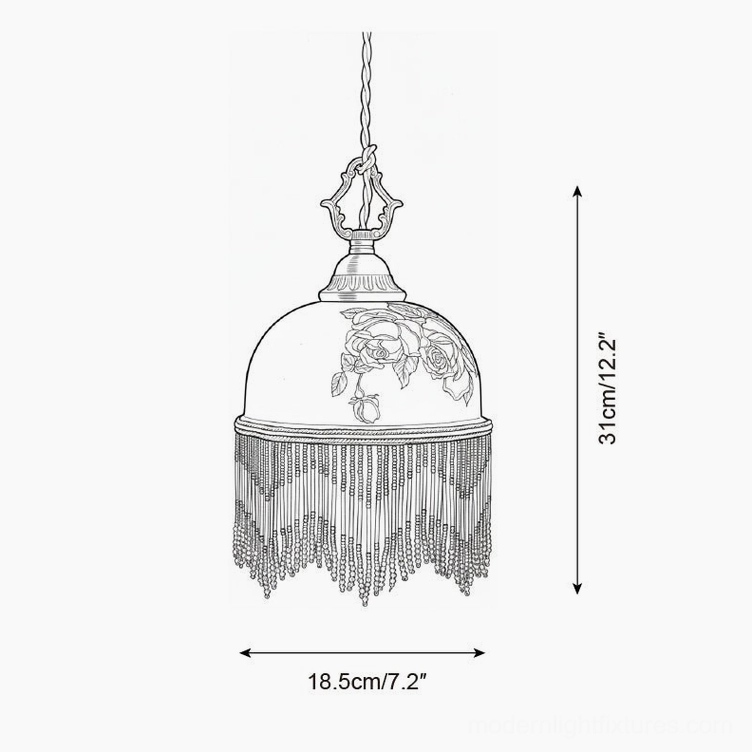 Beaudine pendant lamp design sketch featuring hand-painted rose details and long beaded tassel fringe, 31cm height