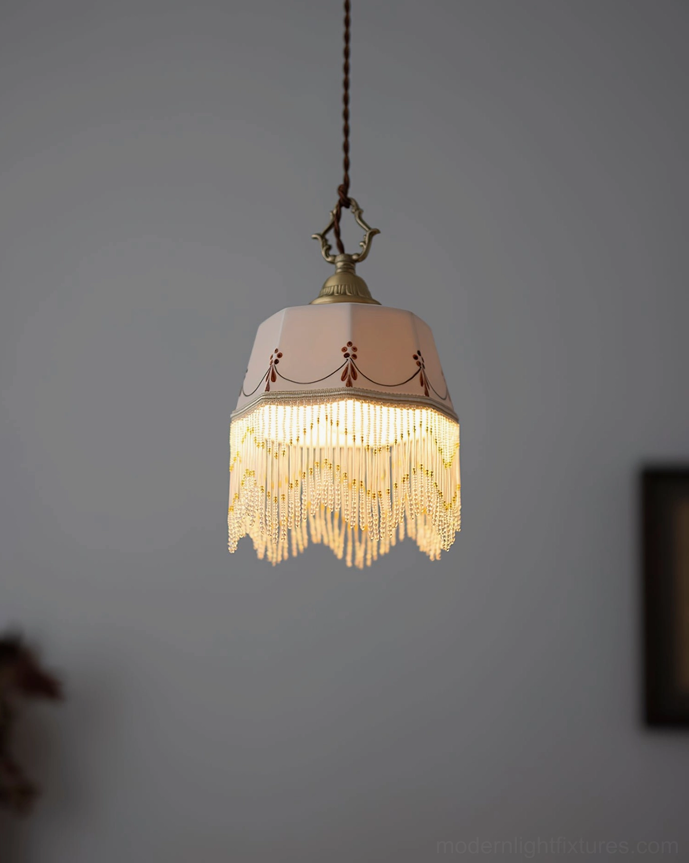 Timeless Beaudine pendant light with hand-painted ceramic shade, early 20th-century design inspiration