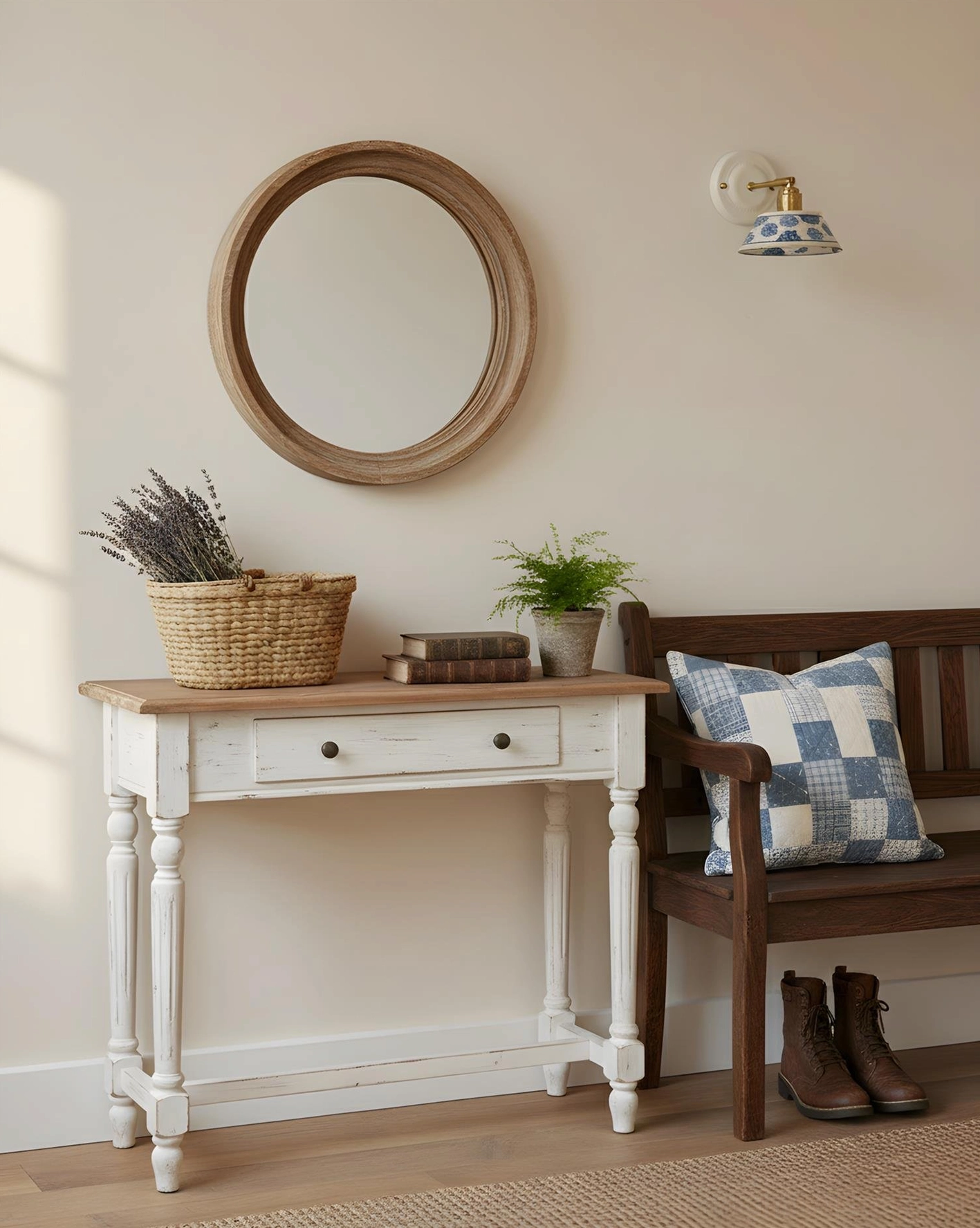 Indigo porcelain sconce creating warm directional light on bedroom accent wall