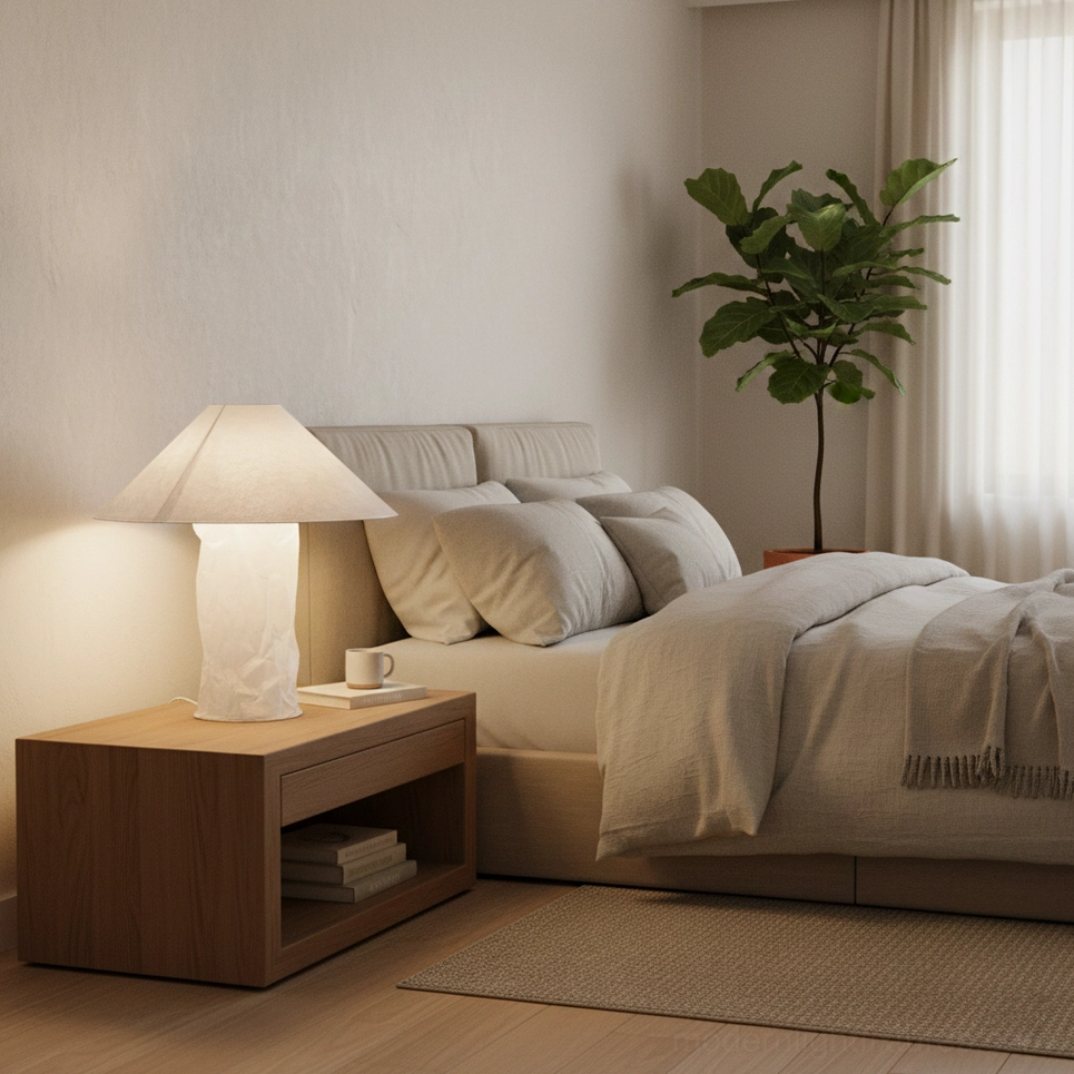 Handcrafted paper table lamp creating soft glare-free light in cozy bedroom environment