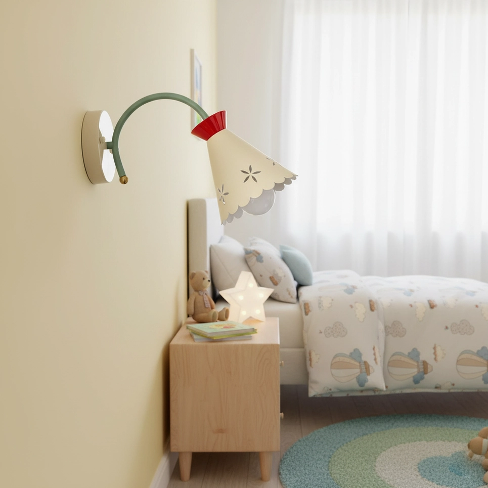Retro wall sconce mounted above bedside table in soft bedroom setting