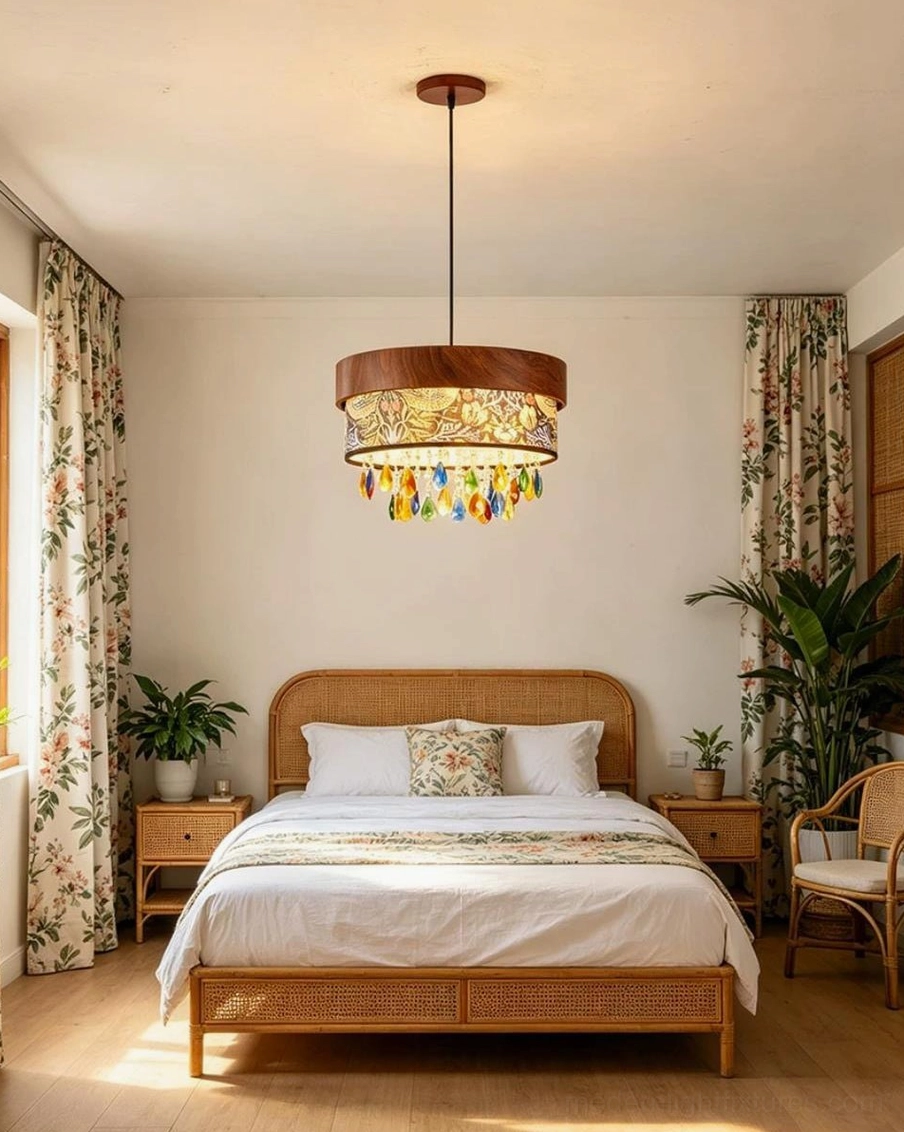 Walnut drum pendant light suspended above bedroom with floral decor and warm ambient lighting