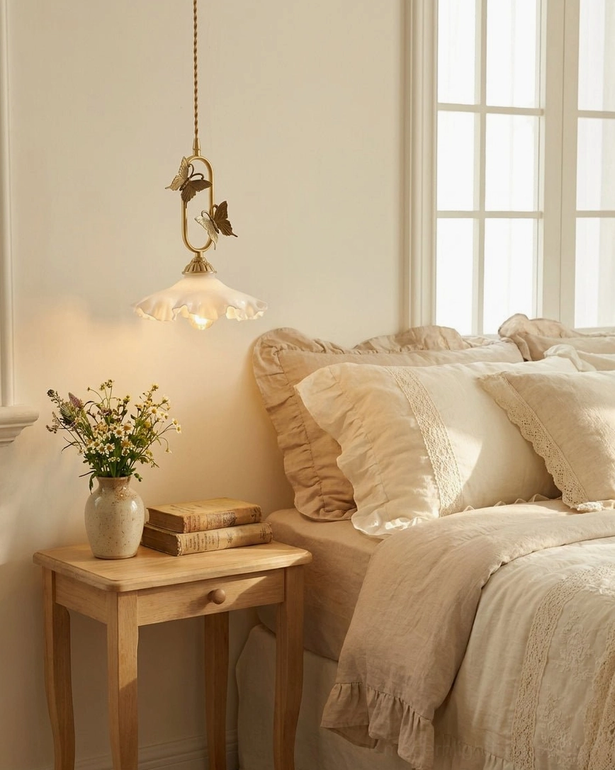 Cozy bedroom brass butterfly pendant light with glowing amber shade, bedside accent lighting in rustic wooden interior