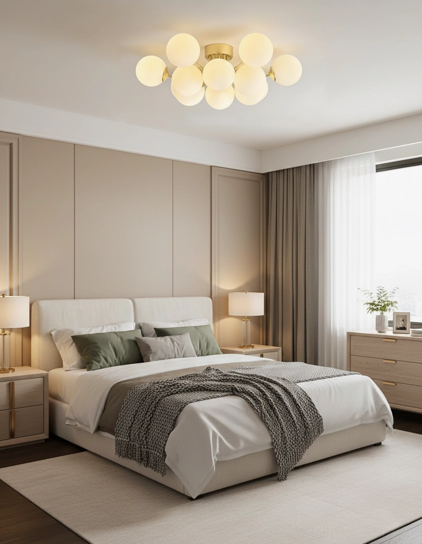Small sputnik-style ceiling light fixture in cozy Nordic master bedroom with brass gold hardware