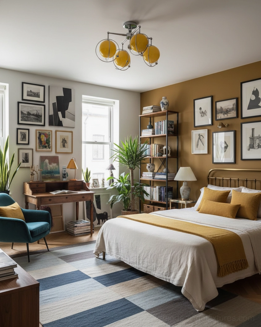 Orbital ceiling lamp installed in warm-toned mid-century modern bedroom and home office space