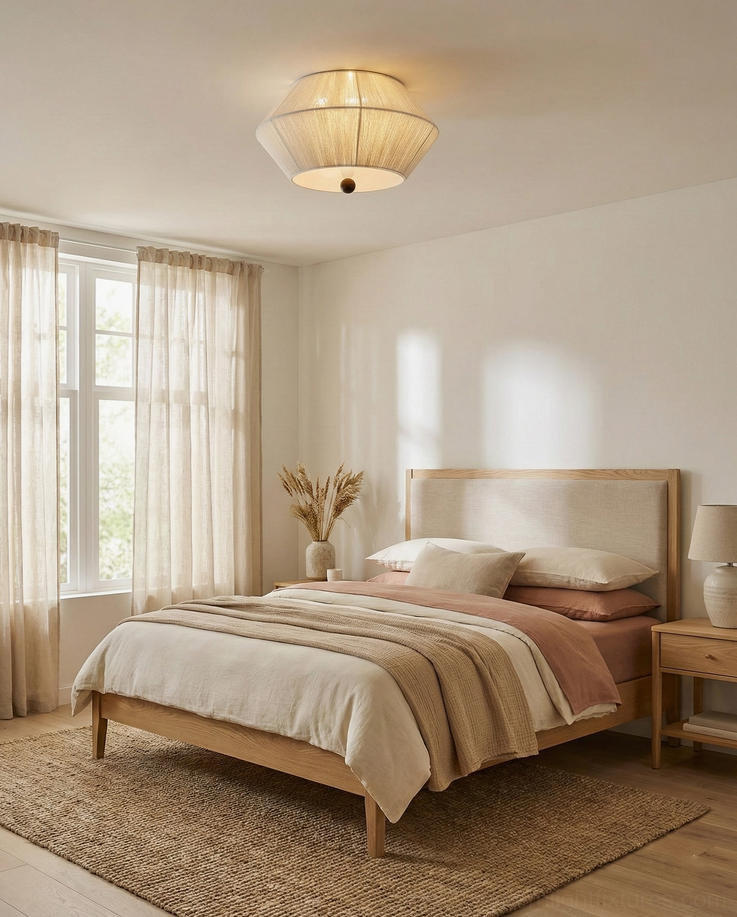 Tapered fabric flush mount ceiling light in warm natural bedroom with wooden bed frame and sheer curtains