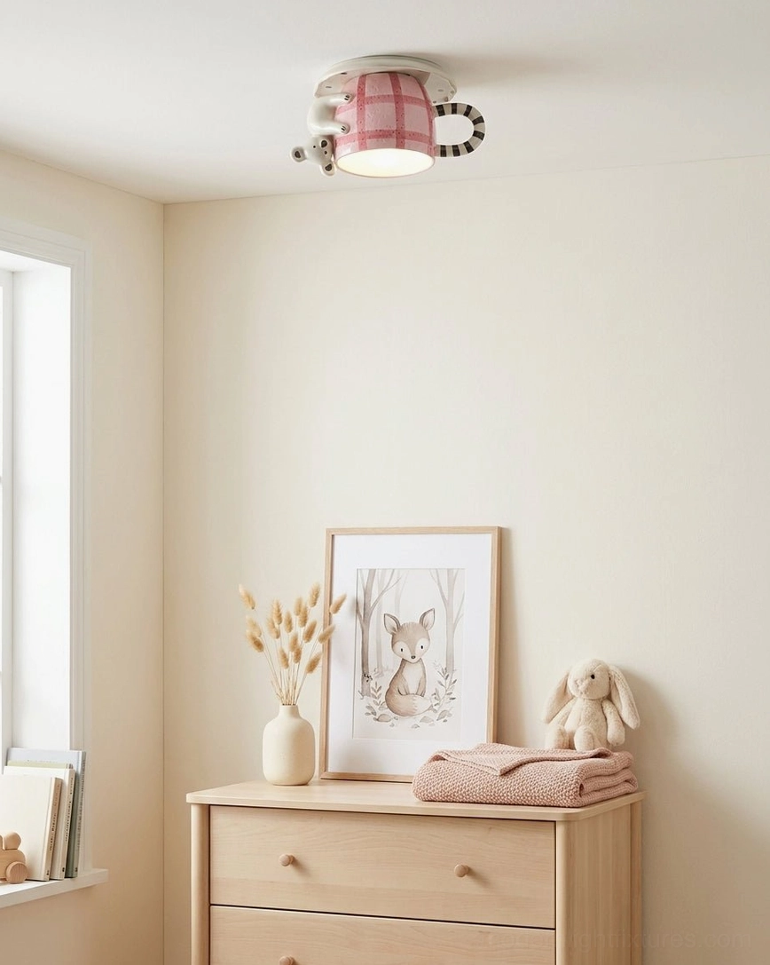 Ceramic mug ceiling light in minimalist bedroom corner, warm beige wood tones