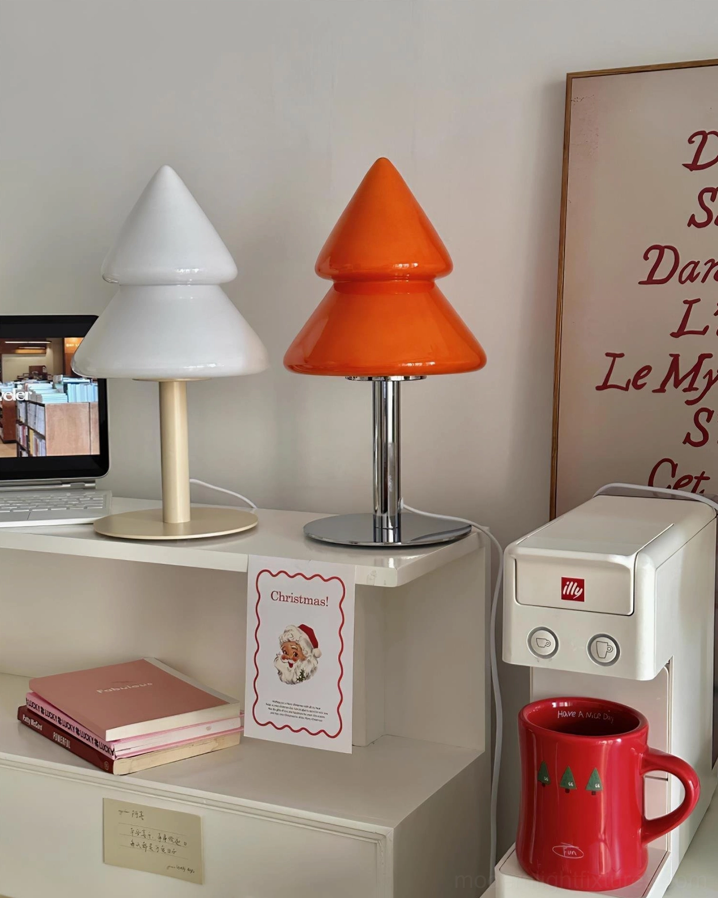 Bedroom accent lighting with modern Christmas tree table lamp on floating shelf