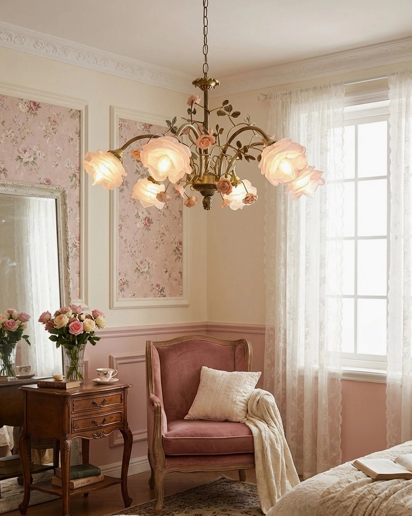 Cozy bedroom lounge corner featuring romantic floral chandelier with pink upholstered armchair and natural window daylight