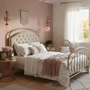 Matching floral pendant lamps in bedroom setting, romantic cottagecore decor with macramé wall hanging