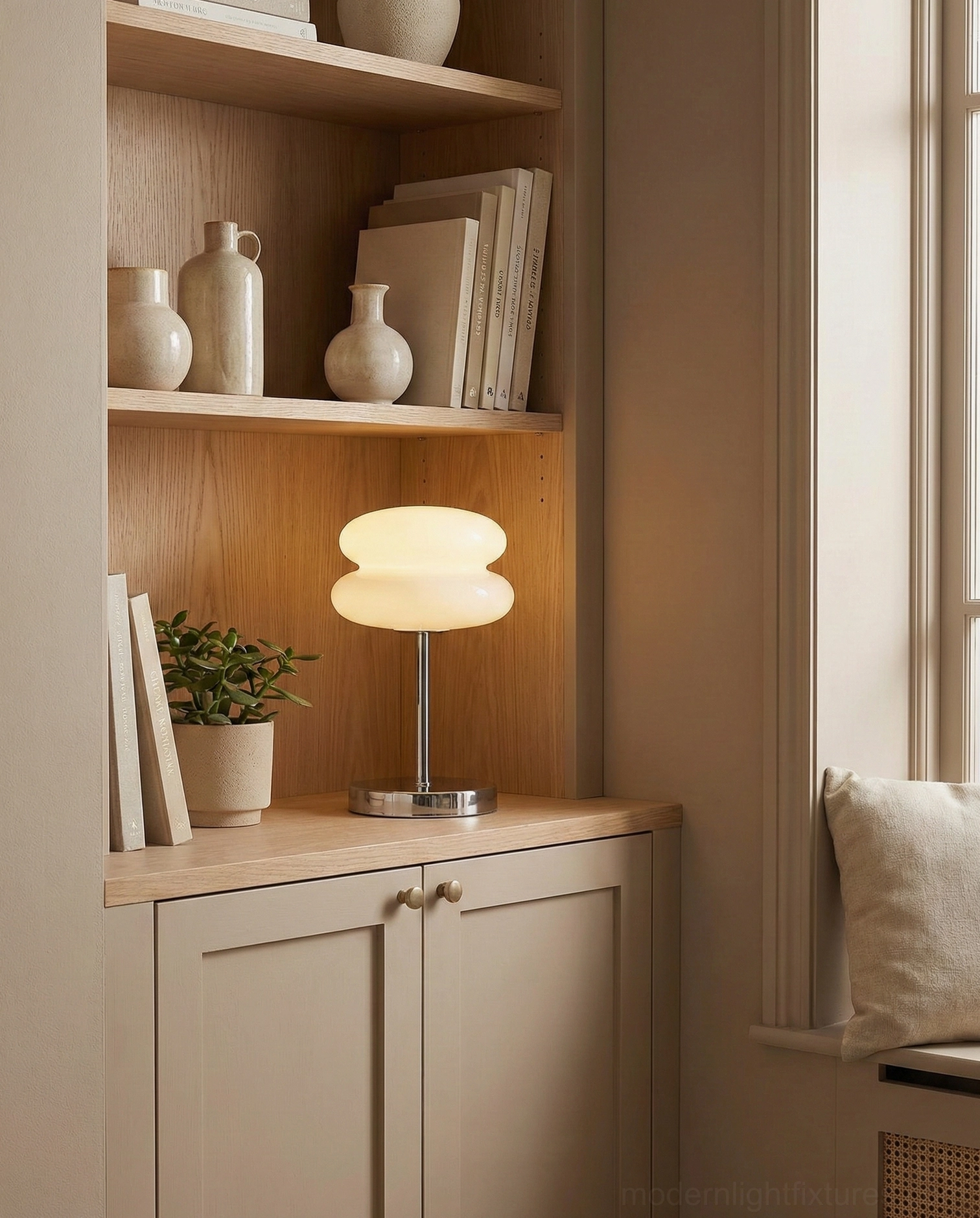 Small minimalist glass table lamp on wooden storage cabinet in bedroom setting