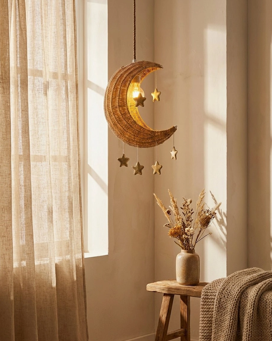 Moon star pendant light by window with natural sheer curtain light - sunlit bedroom corner ambient glow