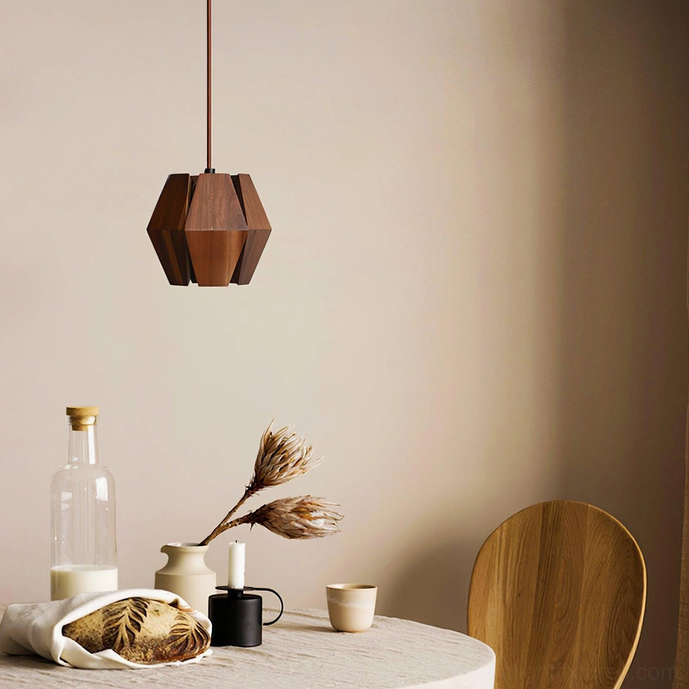 Contemporary pendant lamp with polygonal wooden shade in bedroom accent lighting application