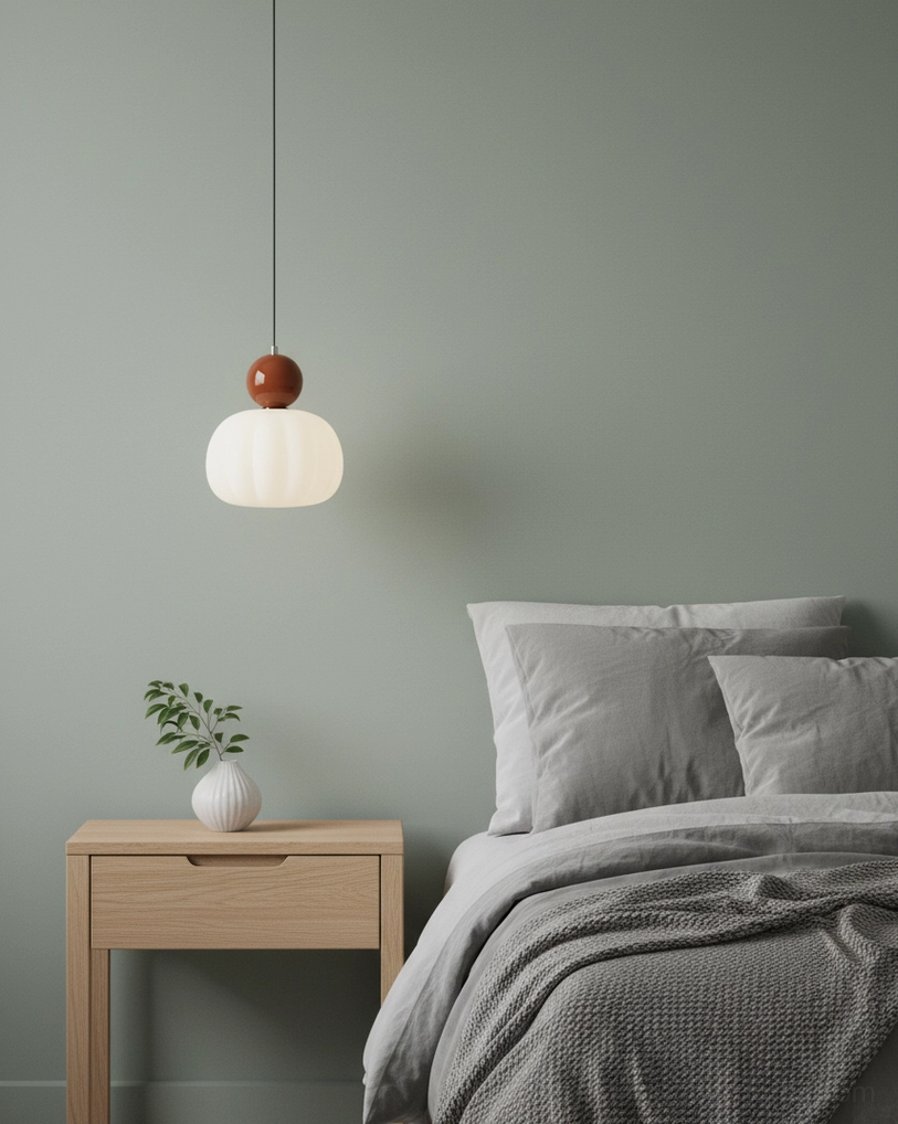 Morris pendant light mounted above wooden nightstand in warm minimalist bedroom - bedside pendant fixture