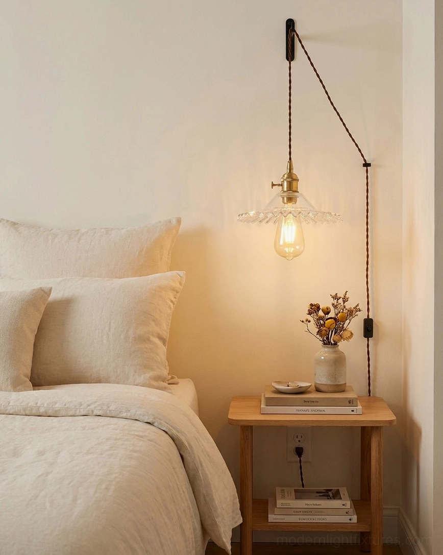 Glass pendant light with brass socket above wooden nightstand in bedroom interior
